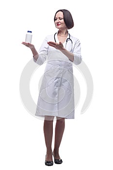 smiling female doctor with sanitizer gel. isolated on white background.