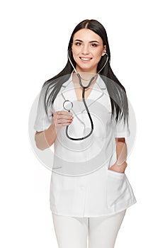 Smiling female doctor showing stethoscope at camera.