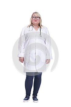 smiling female doctor with a stethoscope. isolated on a white background.