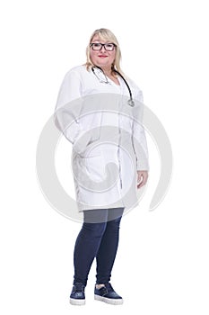 smiling female doctor with a stethoscope. isolated on a white background.