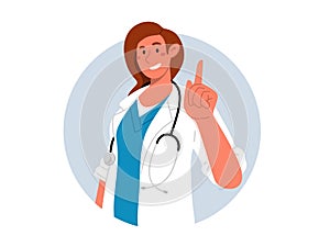 Smiling female doctor with stethoscope pointing up.Vector flat illustration