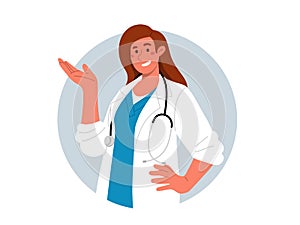 Smiling female doctor with stethoscope showing something.Vector illustration