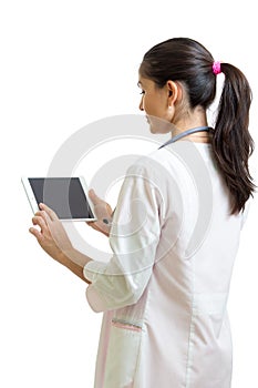 Smiling female doctor with stethoscope and tablet pc computer. Healthcare, medicine and technology concept.