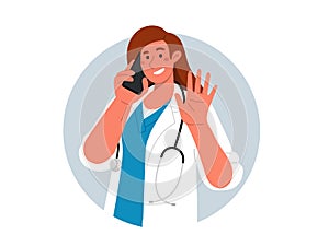 Smiling female doctor with stethoscope waving,holding mobile phone
