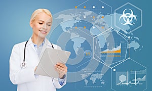 smiling female doctor with tablet pc over charts