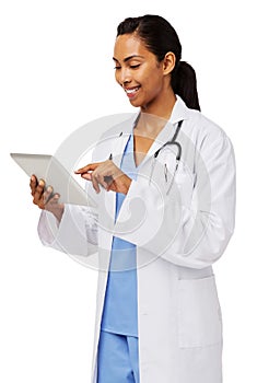 Smiling Female Doctor Using Digital Tablet