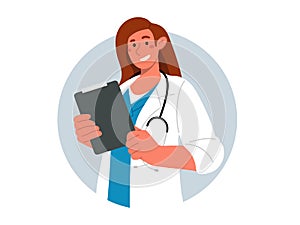 Smiling female doctor in white coat holding clipboard.Vector flat illustration