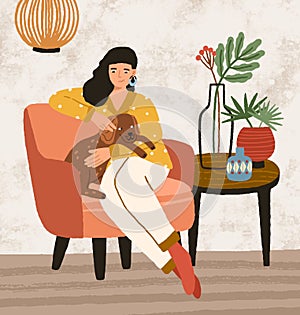 Smiling female hugging and stroking cute dog sitting on armchair vector flat illustration. Joyful woman spending time