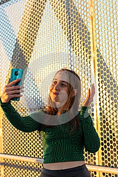 Smiling female making video call on sunset, looking at smartphone screen and talking with friends,family, couple... Vertical