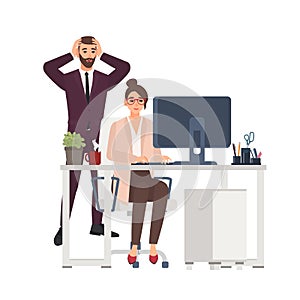 Smiling female manager working on computer at office, horrified male boss standing beside. Unprofessional or bad worker photo