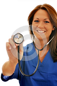 Smiling Female Nurse with Stethoscope at Camera