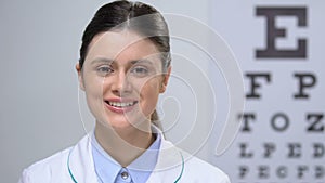 Smiling female ophthalmologist standing against eye chart background, service