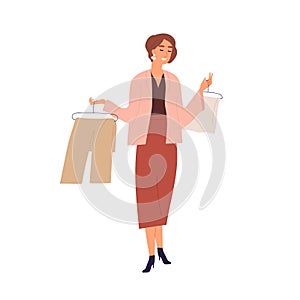 Smiling female professional stylist offering clothing during shopping vector flat illustration. Happy woman buyer photo