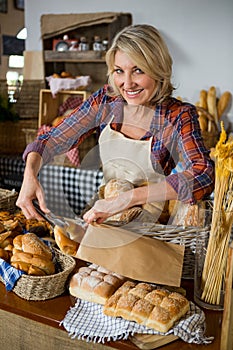 Smiling female staff packing doughnut in paper bag at counter