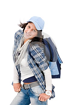 Smiling female teenager wear cool outfit schoolbag photo