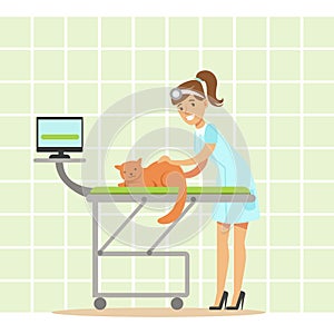 Smiling female veterinarian examining cat in vet clinic. Colorful cartoon character
