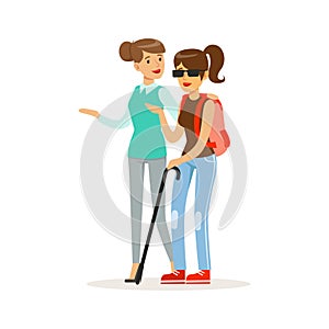 Smiling female volunteer helping and supporting blind woman, healthcare assistance and accessibility colorful vector