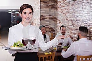 Smiling female waitress carrying order for guest