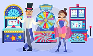 Smiling festively dressed magician man and assistant girl standing in front of slot machines vector illustration