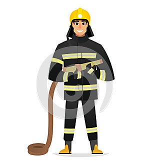 Smiling Firefighter, man from fire brigade, standing full face in form of fireman, with personal protective equipment