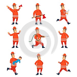 Smiling Firefighter in Orange Protective Uniform and Helmet Set, Cheerful Professional Male Freman Cartoon Character Doing His Job