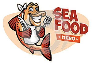 Smiling fish seafood restaurant mascot photo