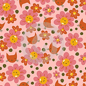 Smiling flowers and kittens childish seamless pattern