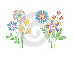 Smiling Flowers on Stalk with Petal and Green Leaf Vector Set