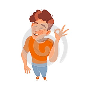 Smiling Freckled Man Looking Up Showing Ok Sign Above View Vector Illustration
