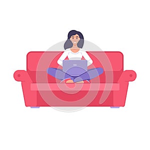 Smiling freelancer woman working remotely surfing internet use laptop pc sitting on couch vector