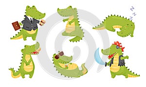 Smiling Friendly Crocodile Drinking Cocktail and Wearing Pirate Costume Vector Set