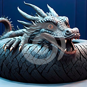 Smiling, friendly dragon made of car tires. Motorcycle tire. Auto Racing Symbol.