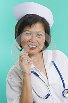 Smiling and friendly Nurse with syringe