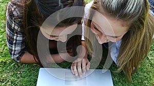 Smiling friends lying on the grass while using a laptop