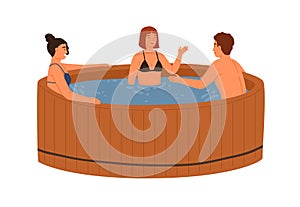 Smiling friends talking and bathing at wooden pool or hot tub together vector flat illustration. Group of people in