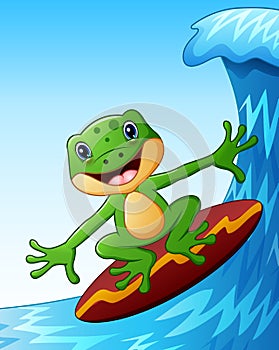 Smiling frog cartoon surfing on big sea waves