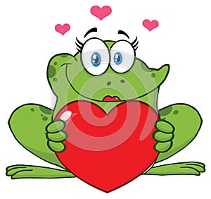 Smiling Frog Female Cartoon Mascot Character Holding A Valentine Love Heart.