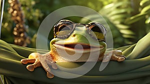 An smiling frog wearing sunglasses, casually lounging on an green hammock with a tropical backdrop