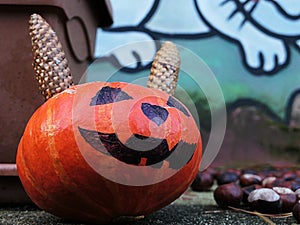 Smiling full pumpkin painted with teethy smile and triangular eyes as jack-o-lantern for halloween