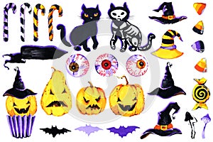 Smiling and funny Halloween illustration set: pumpkin, mushrooms, cat, bat, candy, witch hat, jelly eyes. Isolated icons