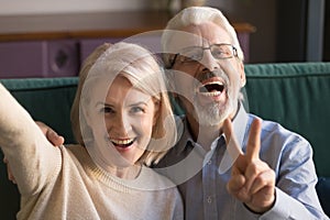 Smiling funny older couple take selfie, phone cam view