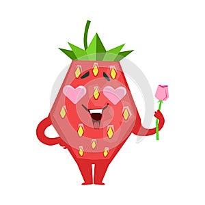Smiling funny strawberry with eye hearts, smiley in love. Cute cartoon emoji character vector Illustration