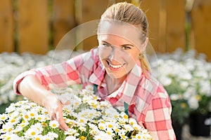 Smiling garden center woman potted daisy flowers