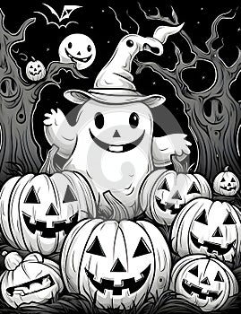 Smiling ghost and jack-o-lantern pumpkins in the grass, accurate tree night, Halloween black and white picture coloring book