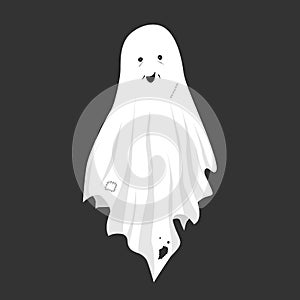 Smiling ghost in an old tattered sheet isolated on black background. Ghost vector logo. Modern pictogram for web