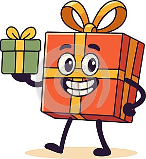 Smiling gift box holding a small green present