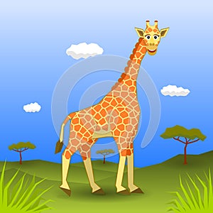Smiling giraffe walking in savannah