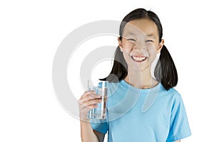 Smiling girl,Asian gril holding a glass of water isolated on white background,Life canÃ¢â¬â¢t live without drinking water.