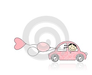 Smiling girl behind wheel pink car for your design