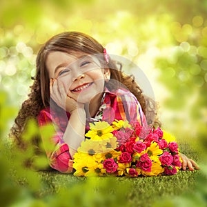 Smiling girl with big bouquet of flowers